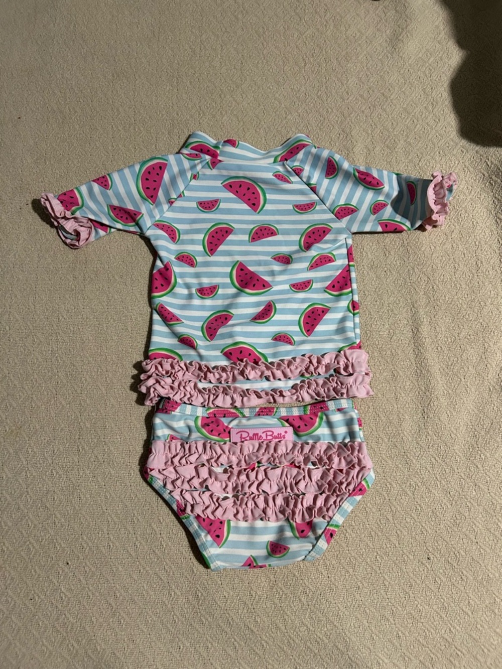 Ruffle Butts Pink Watermelon Stripe Rashguard One-Piece